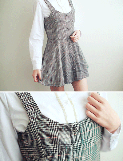 小格紋排釦造型縮腰吊帶洋裝